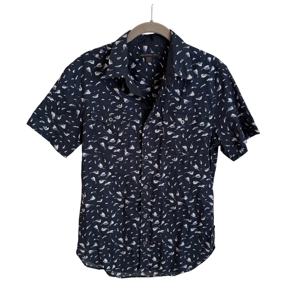 John Varvatos USA Mens XS Navy Abstract Floral Short Sleeve Button Down‎ Shirt